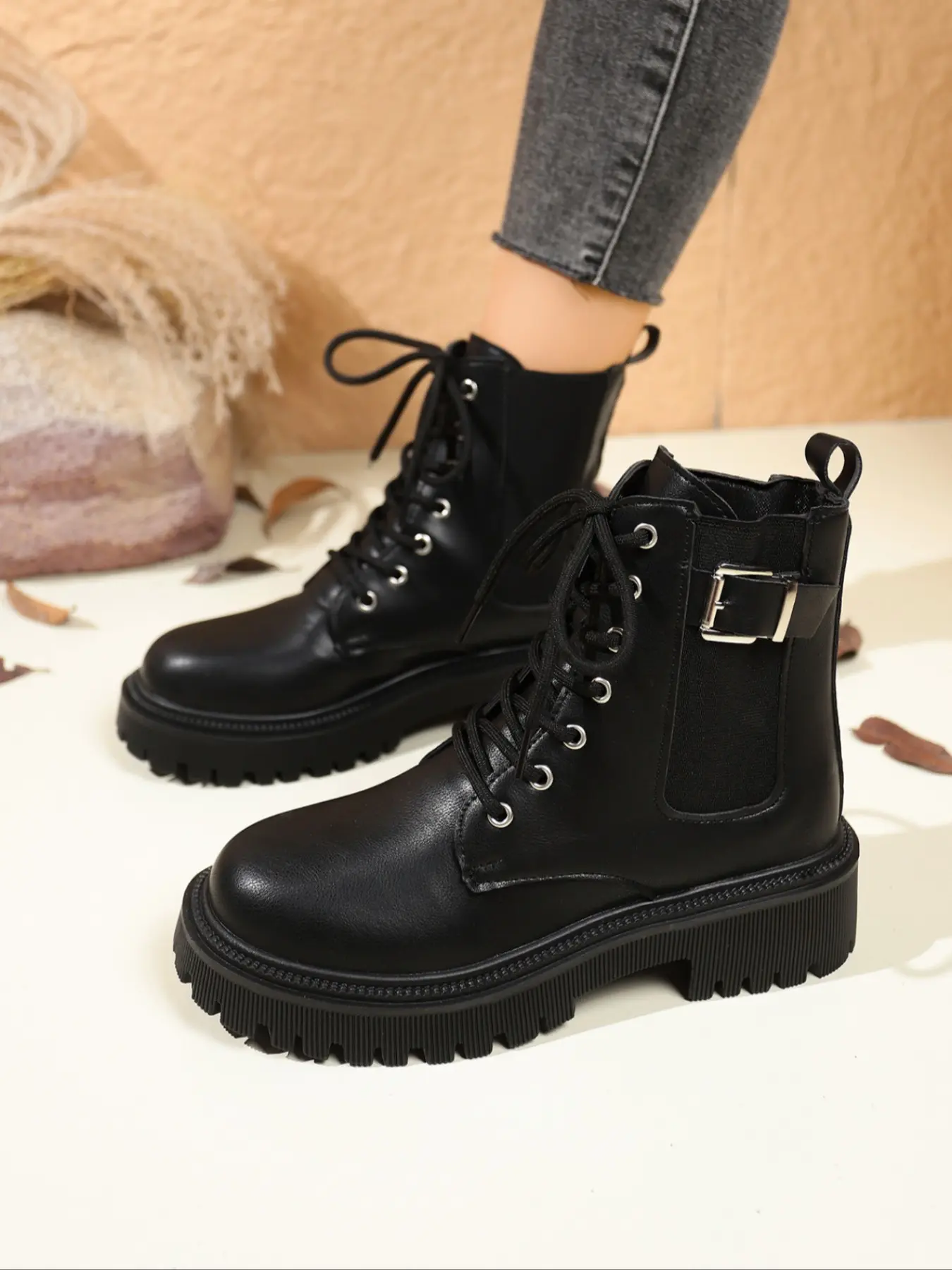 Women's Koi Lace Up Platform Combat Boots Rubber, All Match Trendy Boots, Fashionable Durable Daily Wear, Perfect for Casual, Fall & Winter Style Footwear Bootlace Lace Up