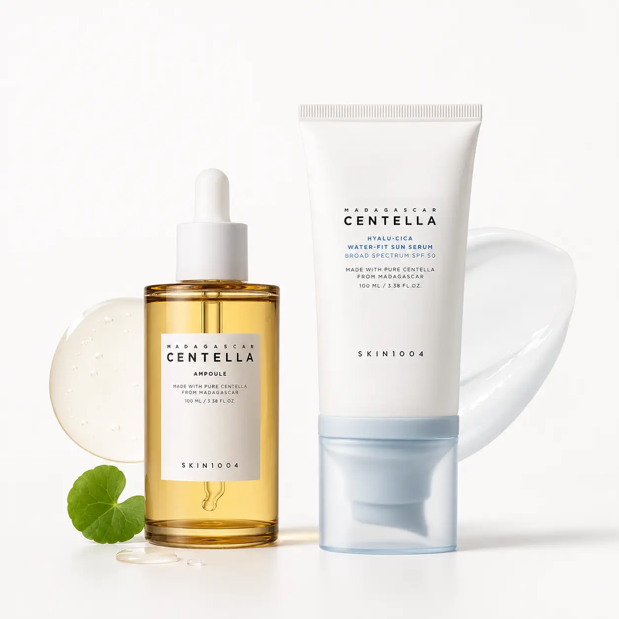SKIN1004 Daily Glow Duo Skincare Kit - Centella Hyalu-Cica Jumbo Water-Fit Sun Serum (SPF 50, UV Protection) & Madagascar Centella Ampoule, Korean Hydrating, Moisturizing, Soothing Face Serum for Skin Balance