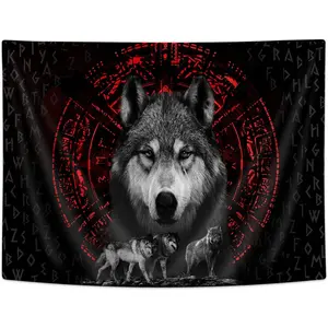 Lacoiime Viking Wolf Tapestry - Norse Red Runes Wall Hanging for Bedroom - Cool Animal Poster Decor (W60 x H40)