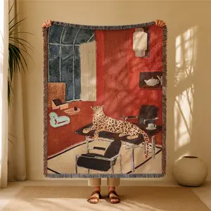 Living Room Leopard Bohemian Yarn Jacquard Woven Blanket with Tassel, Thick Soft Washable Blanket, Used for Home Decor Sofa Chair Bed Tapestry Tablecloth Floor Garden Picnic Outdoor Camping