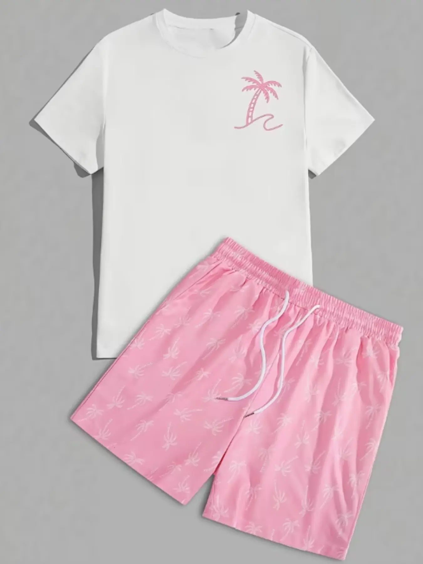Men's Street Style Menswear Tropical Coconut Tree Print Crew Neck Short Sleeve and Shorts 2 Piece Breathable Set, Casual Matching Sets, Casual Fitted for Summer Fashion, Trendy Men's Clothing Outfit