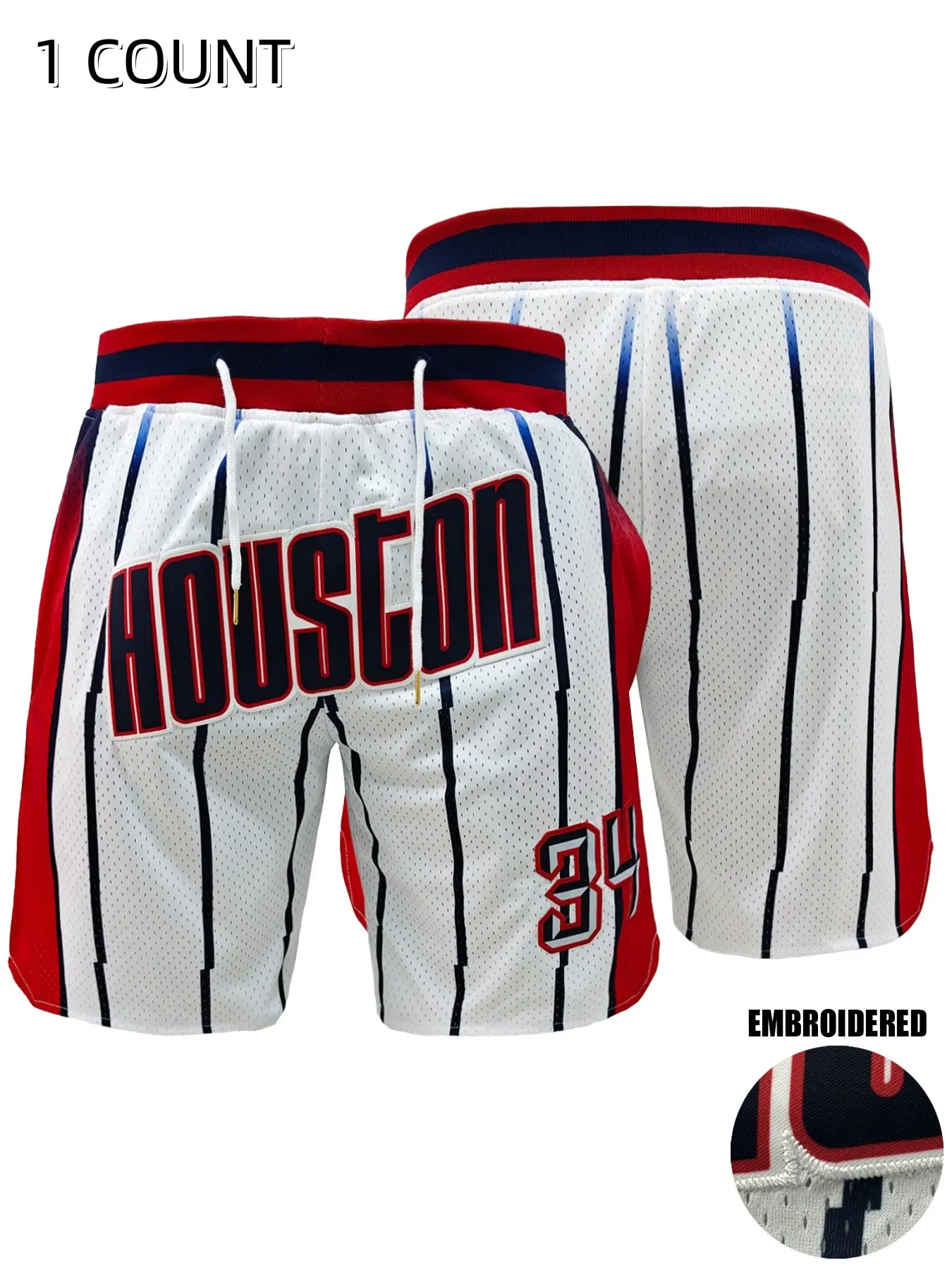 Men Women Houston 34 Embroidered Basketball Jersey Shorts, Summer Basketball Wear, Stripe Breathable Drawstring Athletic Shorts, Sportswear, Athleisure Shorts, Vintage Casual Streetwear Bottoms for Daily Wear Sports Fans Gift