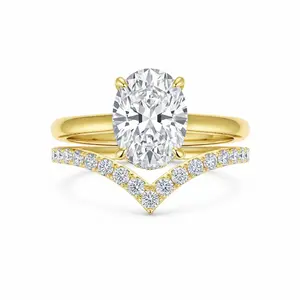 Elegant Oval Solitaire Bridal Ring Set for Women, Golden Plated Cubic Zirconia Engagement Ring with Curved Chevron Wedding Band Gift for Her