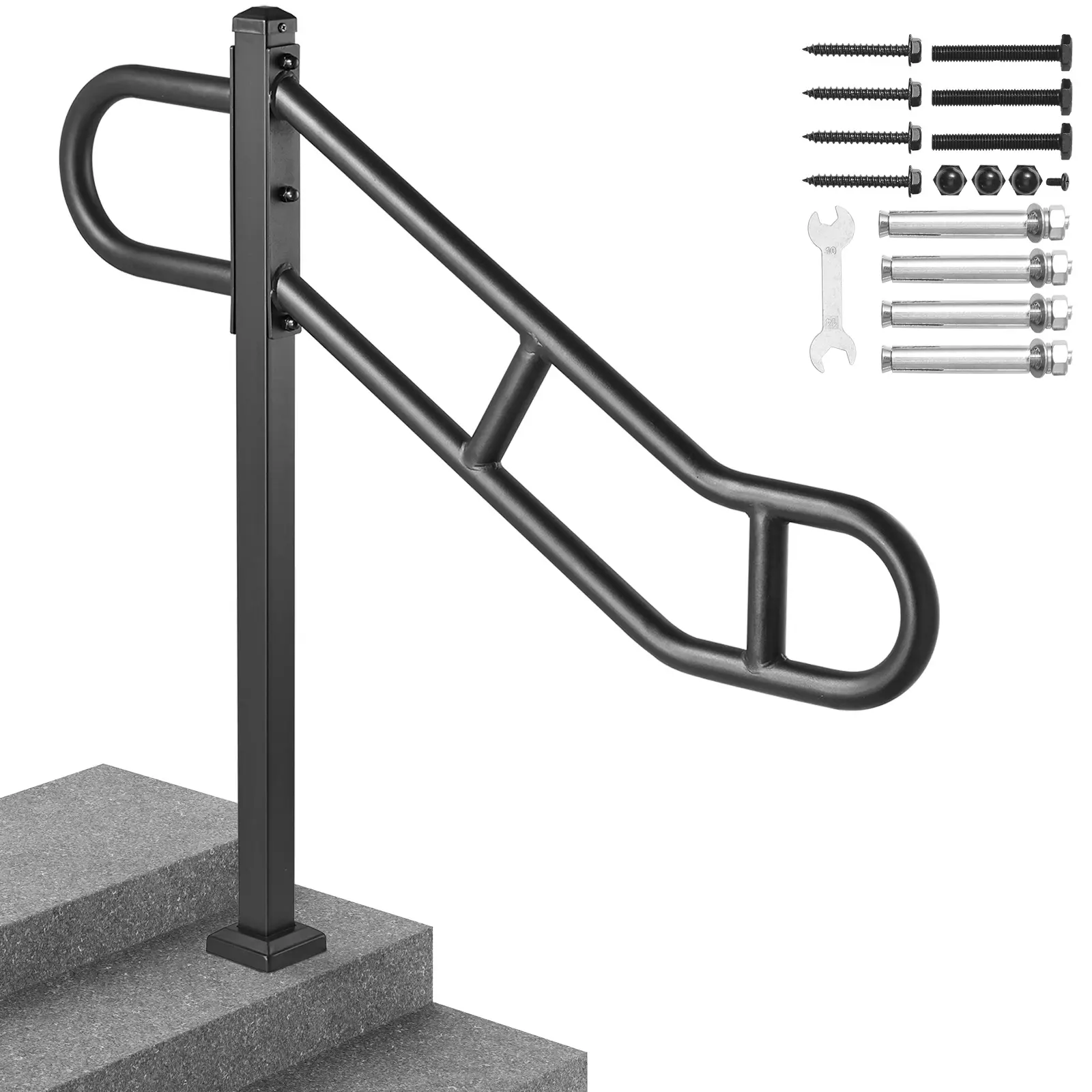 【BackToSchool】VEVOR Floor-Mounted Single Post Stair Handrail, Durable High-Hardness Carbon Steel for Outdoor 1-3 Steps, 40.5" L x 35.4" H Bent Railing with 2 Anti-Skid Crossbars, Fine Welding for Stability, 9.5" Left Handle Length, for Garage Hallway,, Ga