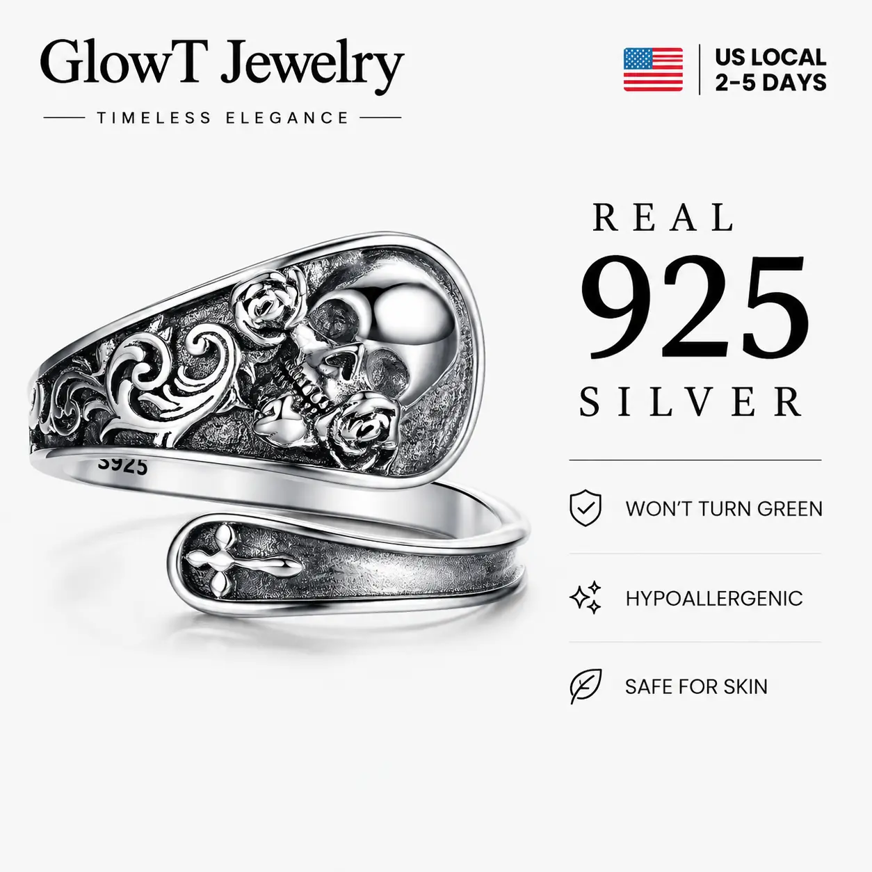 S925 Sterling Silver Gothic Skull Rose Ring - Retro Oxidized Adjustable Spoon Band with Cross & Floral Engravings, Nickel-Free Tarnish-Resistant Silver Ring, Comfort Fit for Women, Ideal for Goth & Biker Aesthetics