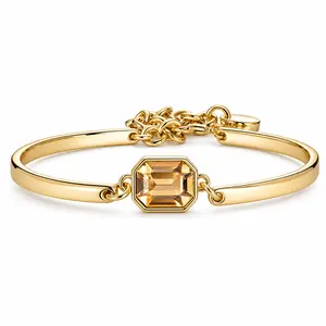 14K Gold Plated Bangle Bracelet Emerald Cut Citrine Crystal Gold Bracelets for Women Elegant Everyday Luxury Tarnish Proof