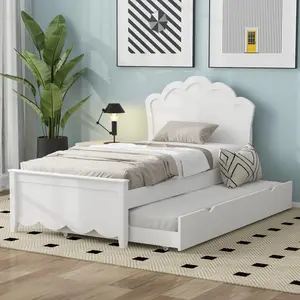 Twin Size Bed with Trundle and Headboard, Solid Wood Platform Bed Frame with Slats, No Box Spring Needed,White