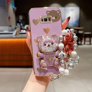 S8 Popular Series Pearl Strap Lanyard Phone Holder Case For Compatible With Samsung Galaxy S8 Plating Cover and The Encounter of Colorful Hearts and Stars Cute Bear Romantic Love Heart Protector Cases
