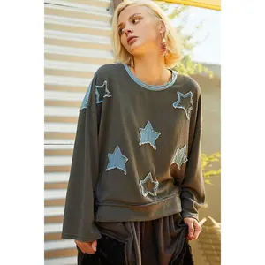 POL Exposed Seam Relaxed Fit Sweater with Star Denim Patch