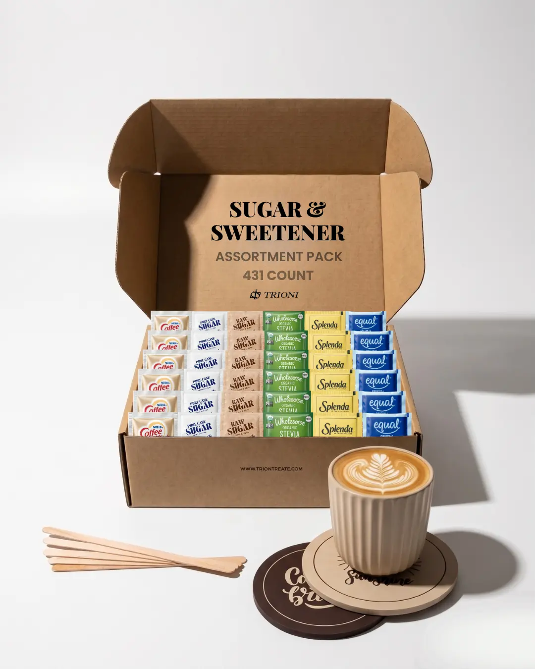 TRIONI Coffee Creamer Powder Kit with Sugar & Sweetener Assortment Pack, Stirrers & Coasters