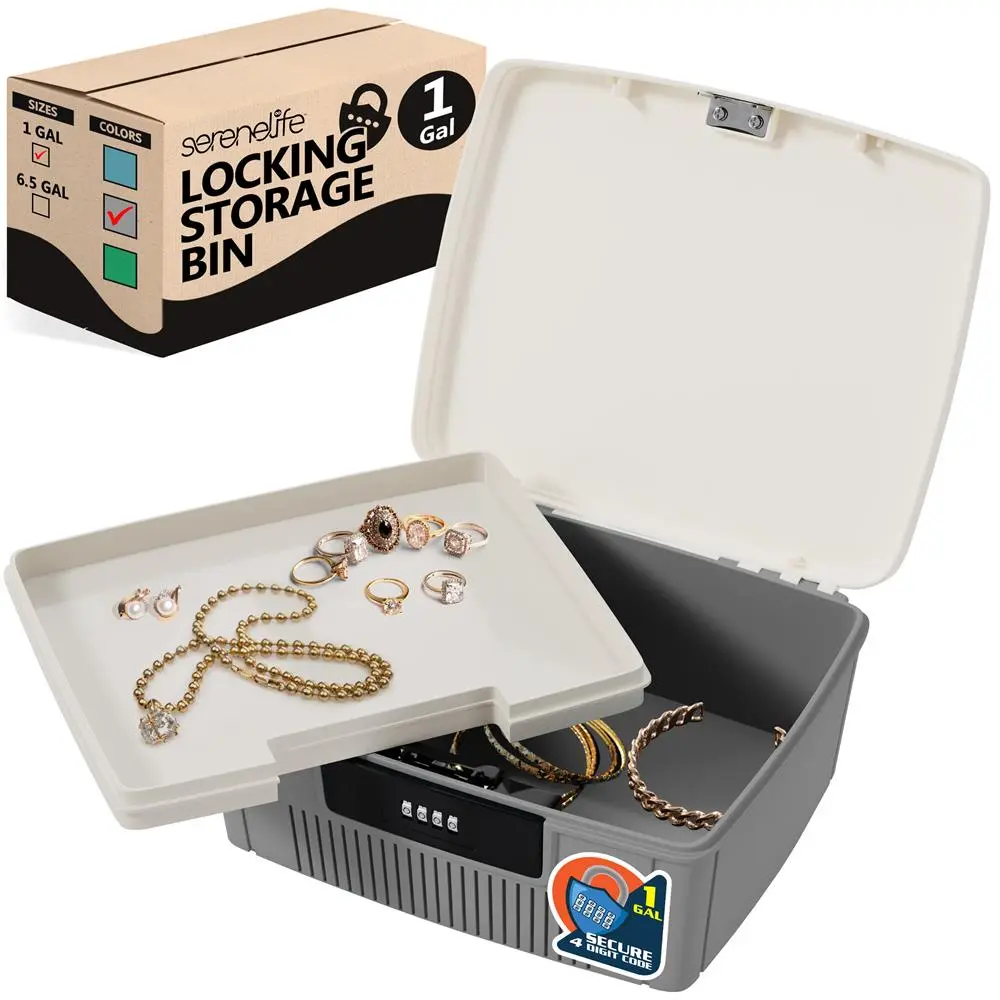 Gray Lockable Rectangular Lift-Top ABS Plastic Storage Container - Durable Organizer with Integrated Combination Lock & Key, Scratch Resistant Stackable Closet Storage, Safety Features, 55 lbs. Capacity, Single Unit SLSBXNN500GY for Home Users, Key Lock