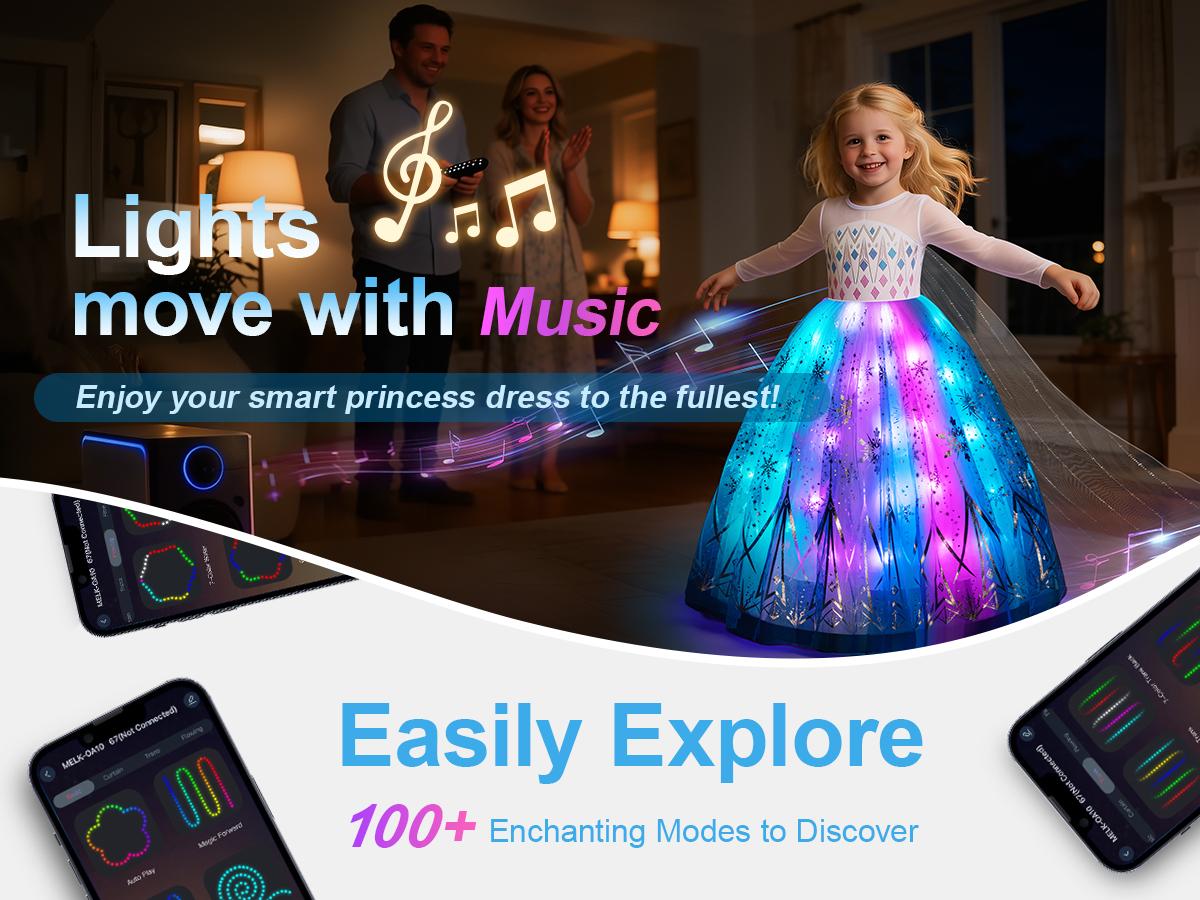 UPORPOR White Light-Up Princess Dress for Girls 100+ LED Modes Music Sync Christmas Halloween Ice Princess Costume with Accessories, Ages 3-9, No Battery Included