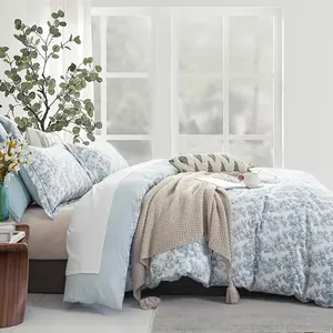 Vintage 100% Cotton Duvet Cover King Size 3PC - Elegant Pale Slate Blue Floral Pattern on White with Light Blue & White Striped Reverse, Luxurious Bedding Set with Button Closure (104"*90")