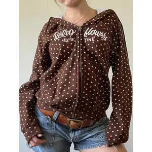 Women’s Fall/Winter polka dot hoodie jacket, American retro letter print casual loose-fit sweatshirt coat