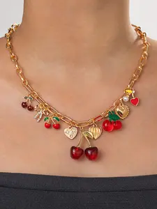 Sweet and cute cherry alloy heart bow pendant adjustable single-layer women's bracelet necklace