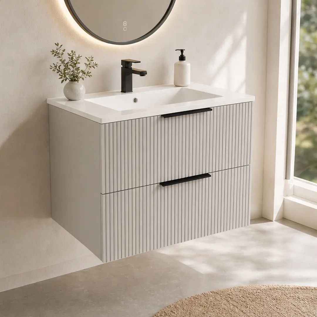 ARCH 24 Inch Wall Mounted Bathroom Vanity Cabinet Without Sink, Antique Gray MDF Floating Storage Cabinet with Two Drawers, U-Shaped Drawer Design for Easy Drain Installation, Modern Bathroom Furniture for Small Space Organization