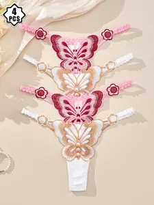 4 Pcs Women's Sexy Fashion Mesh Thong Panties, Elegant Butterfly Embroidery, Hollow Out Semi-Transparent Bikini, Soft Comfortable Breathable Underwear, Everyday
