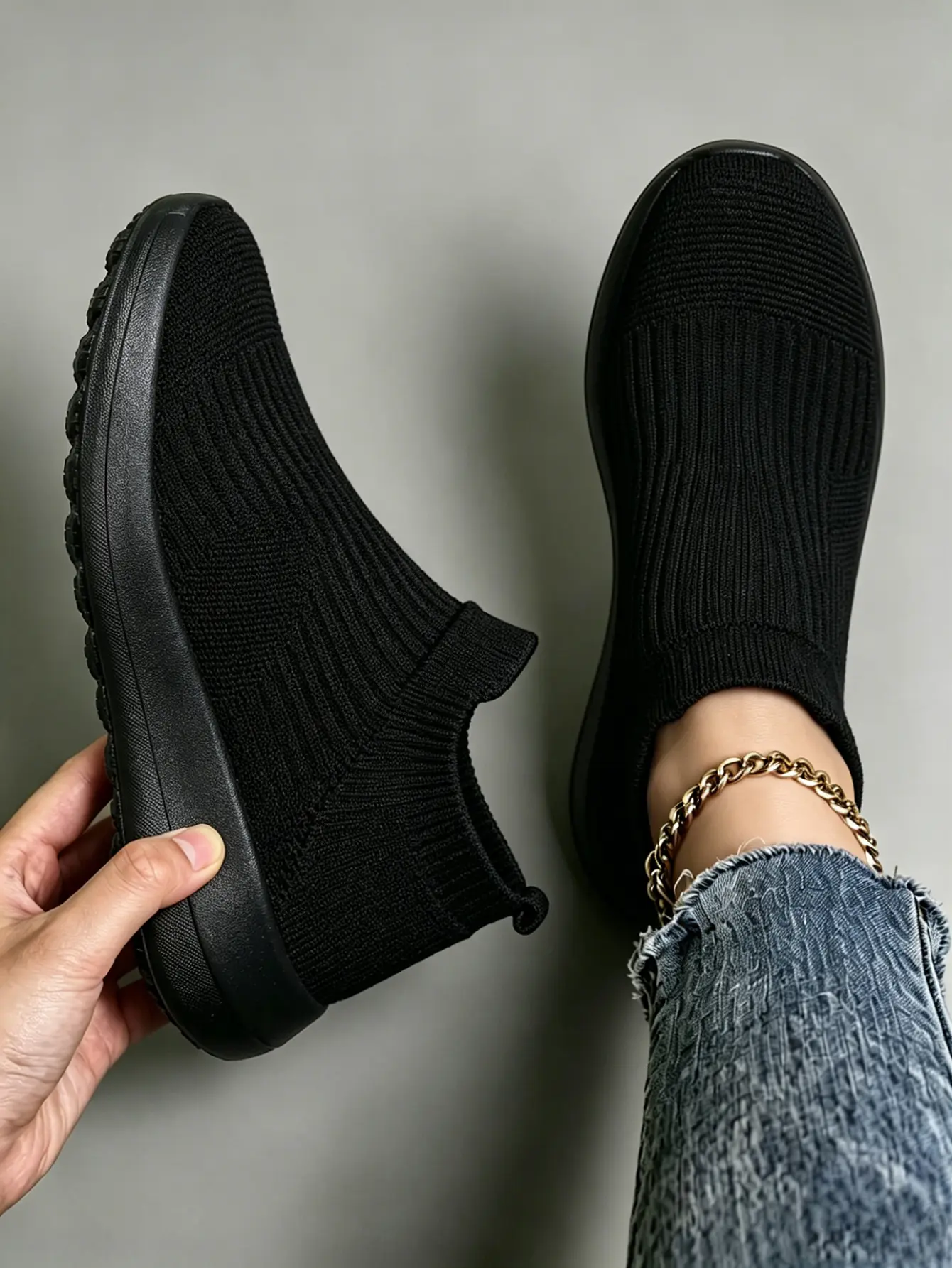 Women & Men All Black High Top Slip-On Sock Sneakers, Knit Lightweight Walking Shoes, Cushioned Non-Slip Casual Trainers for Commute, Daily Errands & Athleisure