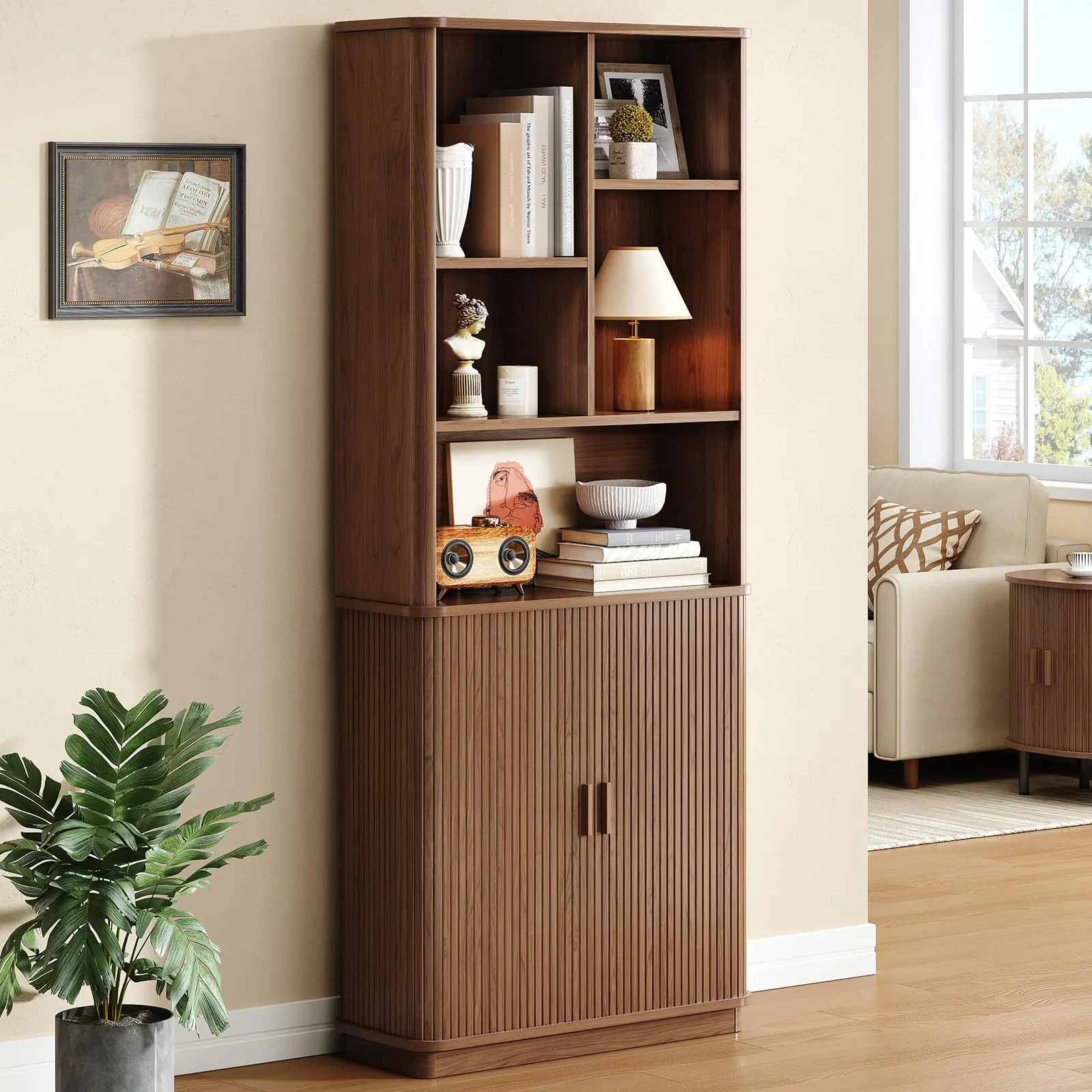 【SummerFinds】ONBRILL 71 in Wooden Cube Bookshelf with Curved Shelves, Adjustable Shelf, Sliding Door, Sturdy Pedestal & Storage Cabinet, Freestanding Indoor Furniture for Home Office, Living Room, Books, Collectibles, Office Inspo