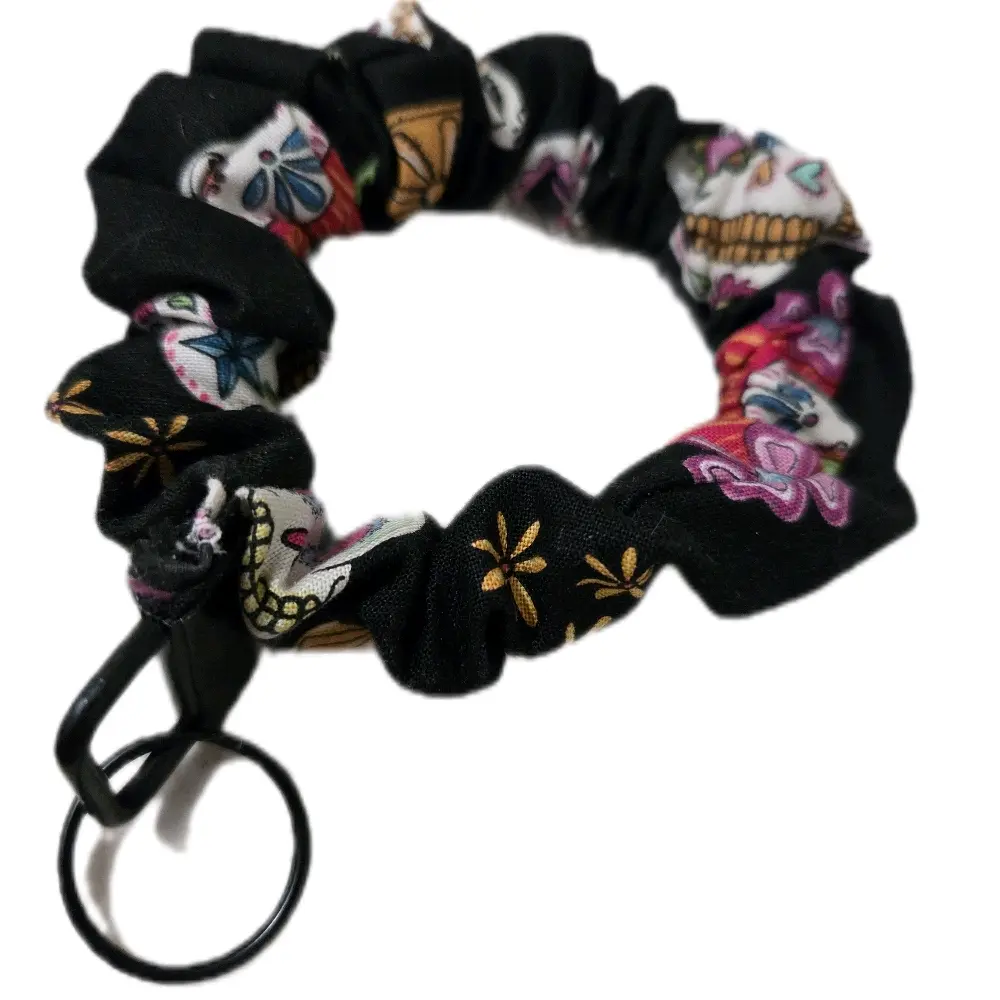 Day of the Dead Scrunchie Keychain with a Vibrant Multicolor Animal Print, Festive Theme Fabric Accessory for Halloween and Unisex Wear, Fun Accessory