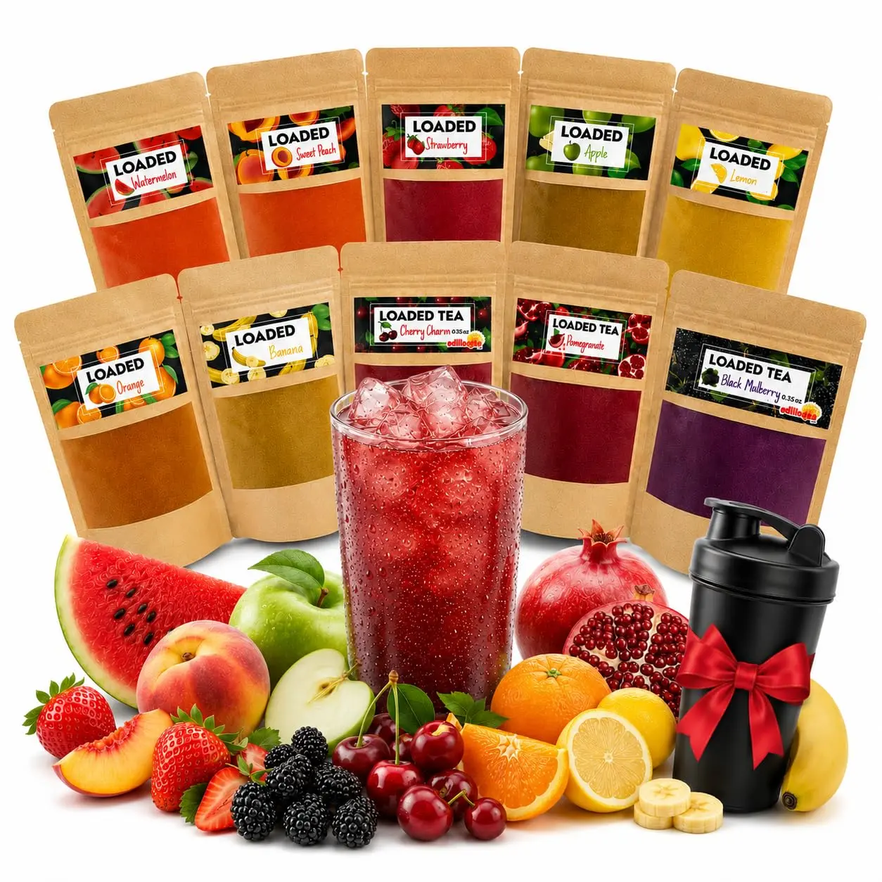 Loaded Tea Pack Mixed Fruit Flavors with Shaker, 10 x 10g Single Serve Sticks, Makes 10 x 50 fl oz, Variety Fruity Iced Tea Drink Mix, Easy to Prepare