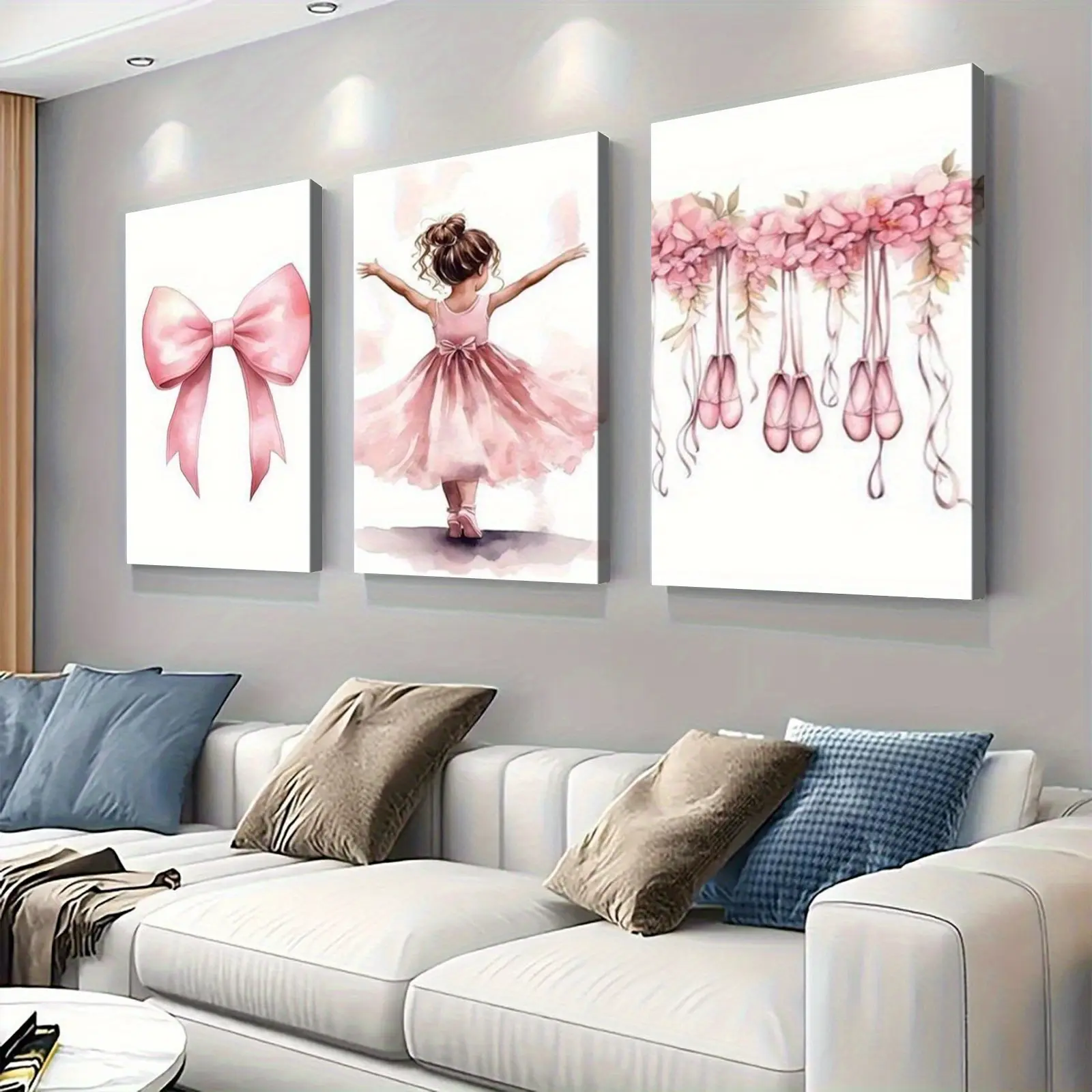 Artistic 3-Piece Pine Wood-Framed Watercolor Ballet Dancer Canvas Wall Art with Pink Bow, Modern Home Decoration, Collectibles for Home Wall Accent