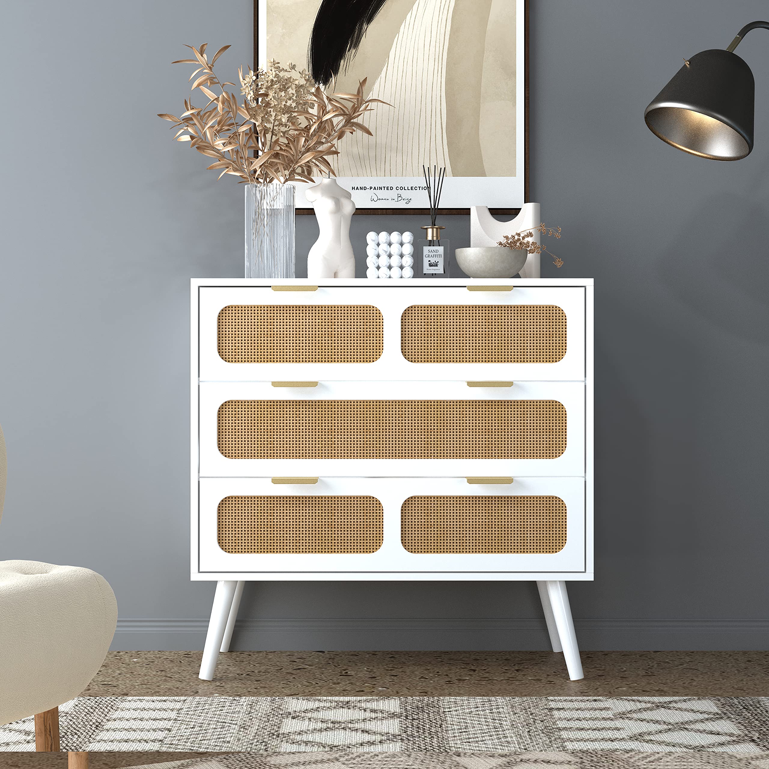 Giratree 3 Drawer Dresser, Modern Rattan Dresser Chest with Wide Drawers and Metal Handles, Farmhouse Wood Storage Chest of Drawers for Bedroom, Living Room, Hallway, Entryway