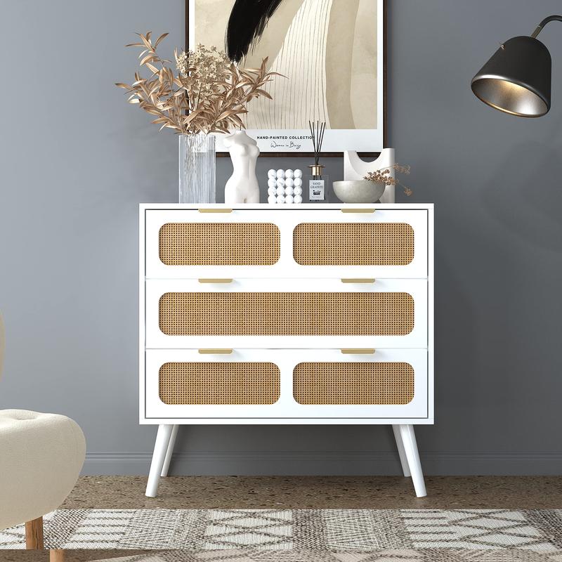 Giratree 3 Drawer Dresser, Modern Rattan Dresser Chest with Wide Drawers and Metal Handles, Farmhouse Wood Storage Chest of Drawers for Bedroom, Living Room, Hallway, Entryway