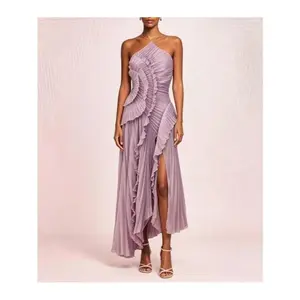 Women's One Shoulder Ruffle Corset Mini Dress, Asymmetrical High Split Formal Gown for Prom, Backless Halter Crop Top
