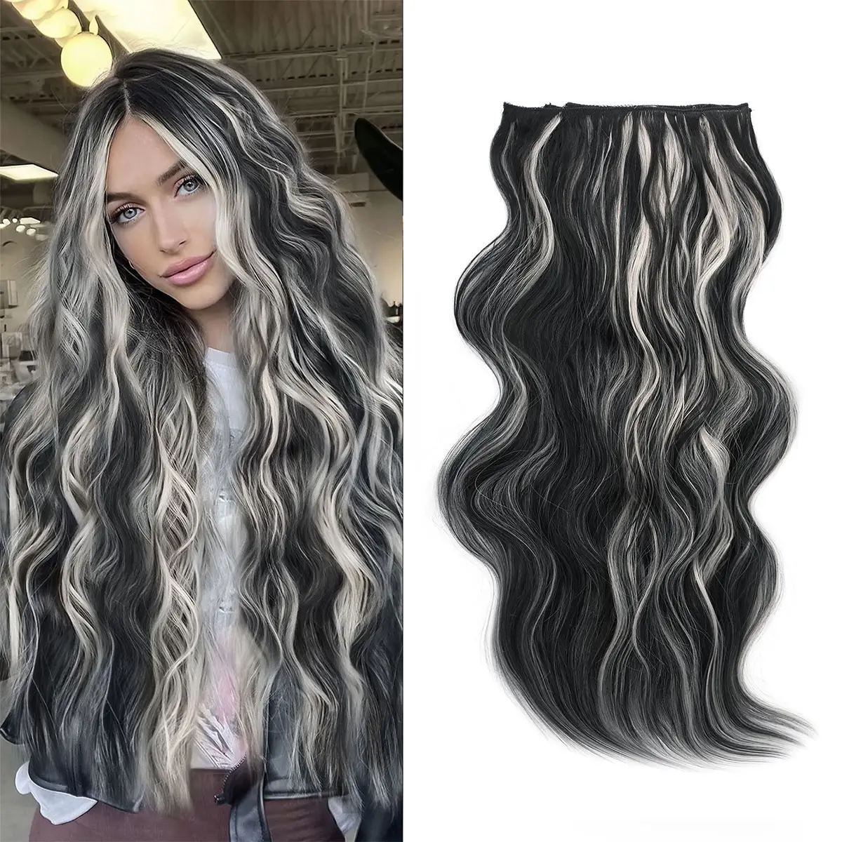 【QBEAUTY FallFreshness Collection】24 Inches Invisible Clip- in Synthetic Hair Extensions Thick Natural Hairpieces Double Weft 4/3/2 Secure Clips Long
