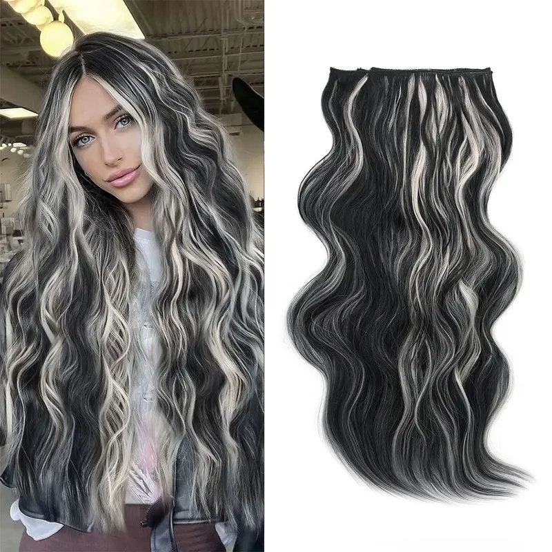 【QBEAUTY 】24 Inches Invisible Clip- in Synthetic Hair Extensions Thick Natural Hairpieces Double Weft 4/3/2 Secure Clips Long Wavy Secret Hairpiece for Women