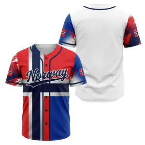 Norway Inspired Baseball Jersey, Red Blue White Button Up Sports Shirt, Nordic Style Athletic Baseball Top, Unisex Casual Short Sleeve Apparel