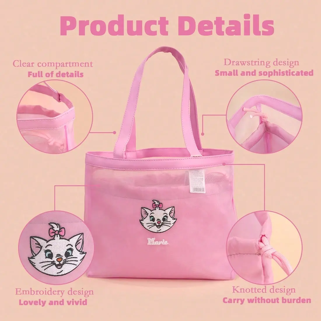 Disney Cat Collection Embroidered Mesh Shoulder Bag - Cute Pink Women's Crossbody & Shoulder Bag for Girls, Shopping, Travel，Back to school, Breathable Mesh, Nylon Outer