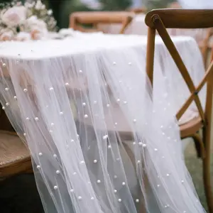 1 piece, semi-transparent white tulle with pearls, length: 119 inches, width: 30 inches. Suitable for wedding ceremony arch decorations, dessert table settings, holiday party table/chair back ribbon decorations, Wedding centerpieces