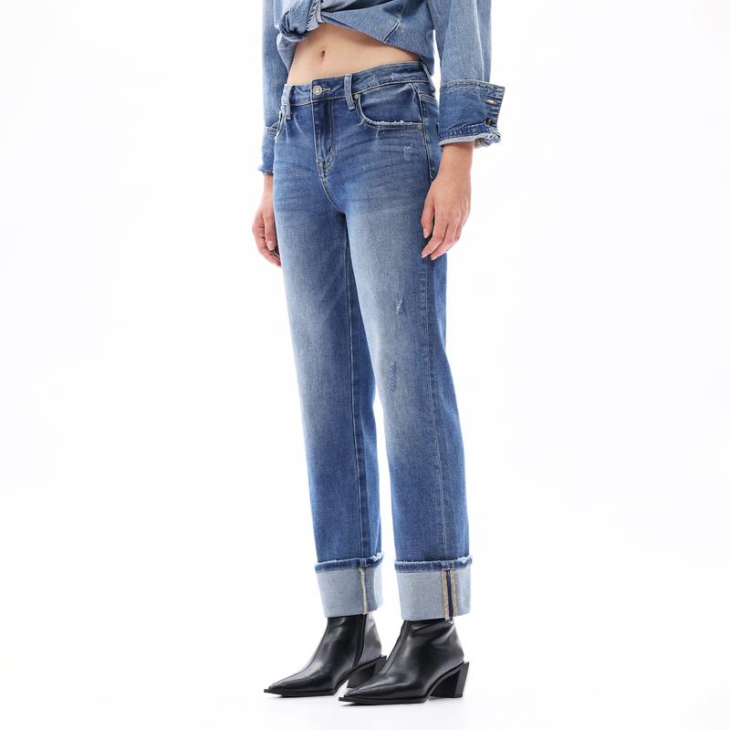 ONESO Vintage Straight Leg Jeans for Women Mid-Rise Cropped Cuffed Figure-Enhancing Stretch Denim with Tummy Control & Casual Boyfriend Fit Y2K Inspired Distressed Ankle Jeans