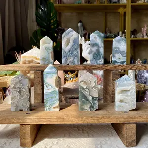Natural Crystal Moss Agate With Druzy Point Collection Natural Crystal Moss Agate With Druzy Point Collection