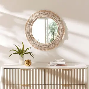 Jade Round Rattan Macrame Wall Mirror in Natural