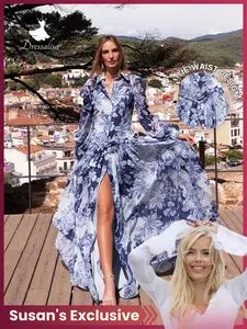 Floral Print Chiffon Long Sleeve Dress, Elegant Front Tie Waist Maxi Dress, Perfect for Garden Parties, Wedding Guests, Spring & Fall