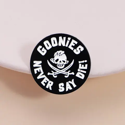 Goonies Never Say Die! Pirate Theme Flag Badge, Vintage Skull Dual Sword Design, Ultimate Collectible for 80s Fans, Engraved Slogan, Nostalgia, Fashion Accessory, Collectible Pins, Alloy Brooch Pin Clip