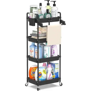 Rolling Storage Cart, 4-Tier Bathroom Organizer Utility Cart Laundry Room Organization Mobile Shelving Unit with Towel Rack, Lockable Wheel, Hooks & Cup for Kitchen Bedroom Office, Black