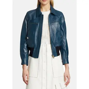 Womens Yale Blue Leather Bomber Jacket