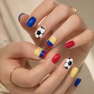 24 pieces of football-themed wearable armor. Short style square-shaped yellow, blue and red three-color national flag color fake nails. Football print nail stickers.