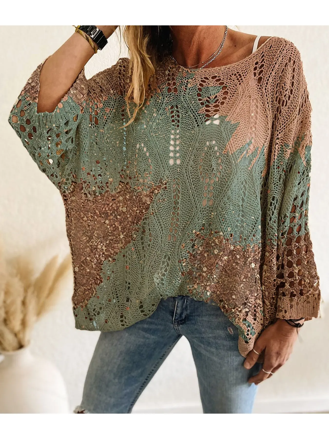 Spring/Summer Boat Neck Diamond Cutout Batwing Drop Shoulder Loose Oversized Color-Block Patchwork Print Long Sleeve Women's Knit Top, Knitted Top, Vacation Style, Casual Commute, Ladies Tank Top Cover-Up, Bikini Cover-Up, Casual Fashion Knitwear