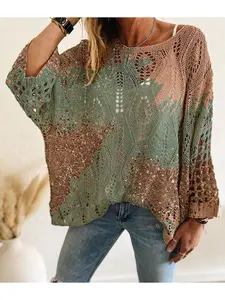 Spring/Summer Boat Neck Diamond Cutout Batwing Drop Shoulder Loose Color-Block Patchwork Print Long Sleeve Women's Knit Top, Vacation Style, Casual Elegant Commute, Ladies Tank Top Cover-Up, Bikini Cover-Up, Knitwear