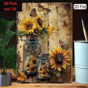 1PC Tin Sign 2D Flat, Sunflower Jar With Butterflies, Rustic Farmhouse Decor, Vintage Sunflower Artwork, Perfect For Kitchen Or Living Room, 8x12 Inches/ 20x30 Cm Wall metal wall sign Vintage Metal Tin Sign home decor plaque funny bar sign