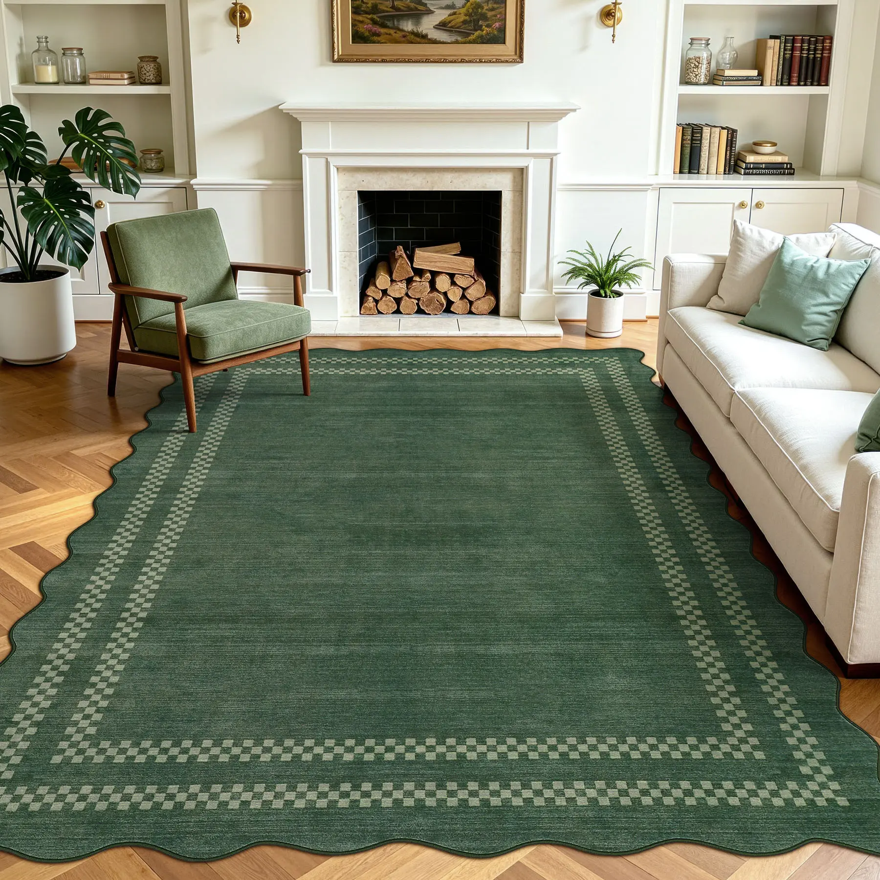 Tribesigns Scalloped Washable Area Rugs for Living Room Bedroom,  Faux Wool Area Rugs, Soft Non-Slip Indoor Dining Room Rug, Geometric Ultra Thin Carpet for Playroom Office Home Decor, Oeko-Tex Certified homedecor