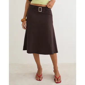 Cabot Midi Skirt with Belt in Cotton Twill Bitter Chocolate