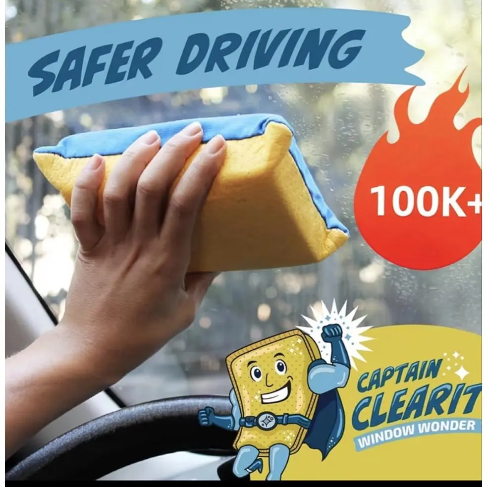 Captain Clearit Window Wonder - Safer Driving Sponge for 100K+ Users - Ideal for Car Window Cleaning 2 pk