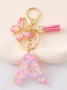 Women's High-Quality Butterfly Tassel Letter Pendant Keychain, Fashion Cute Elegant Metal Resin Colorful Sequins Key Chain