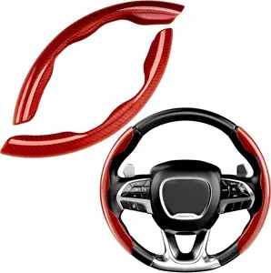 Carbon Fiber Steering Wheel Cover, Snap on Car Steering Wheel Cover Set Accessories 2PCS Wrap Grip Non Slip Protector Universal Glossy Red